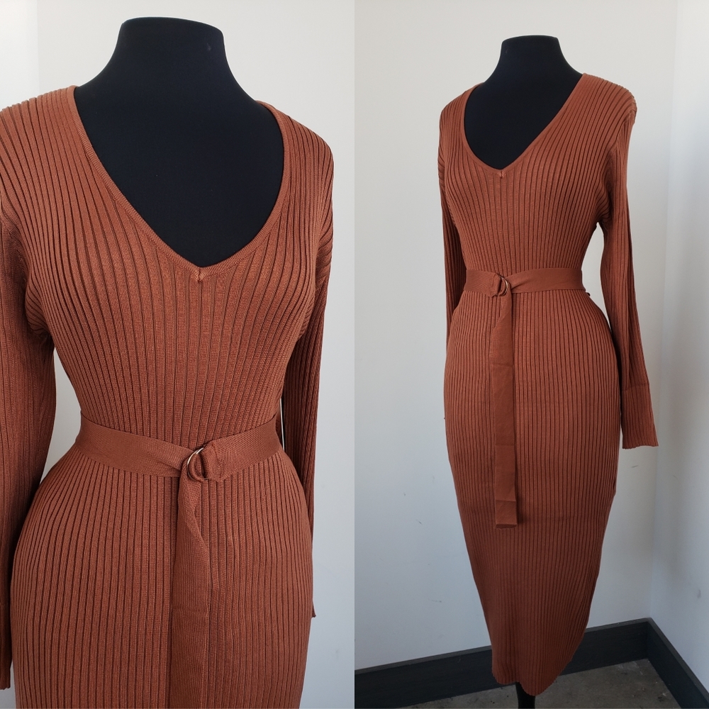 V Neck sweater dress with belt